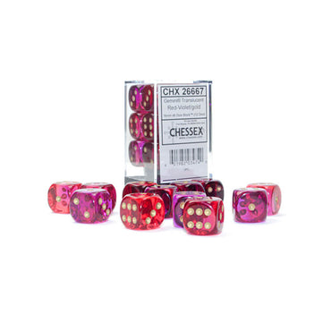 Gemini: 16mm d6 Translucent Red-Violet/gold Dice Block (12 dice)