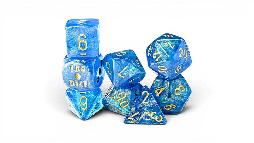 Chessex Lab Dice 10  Shimmer Aqueous/Gold 7-Die Set