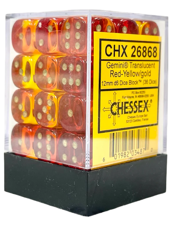 Gemini: 12mm d6 Translucent Red-Yellow/gold Dice Block (36 dice)