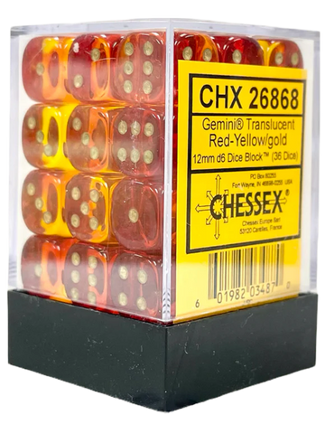 Gemini: 12mm d6 Translucent Red-Yellow/gold Dice Block (36 dice)