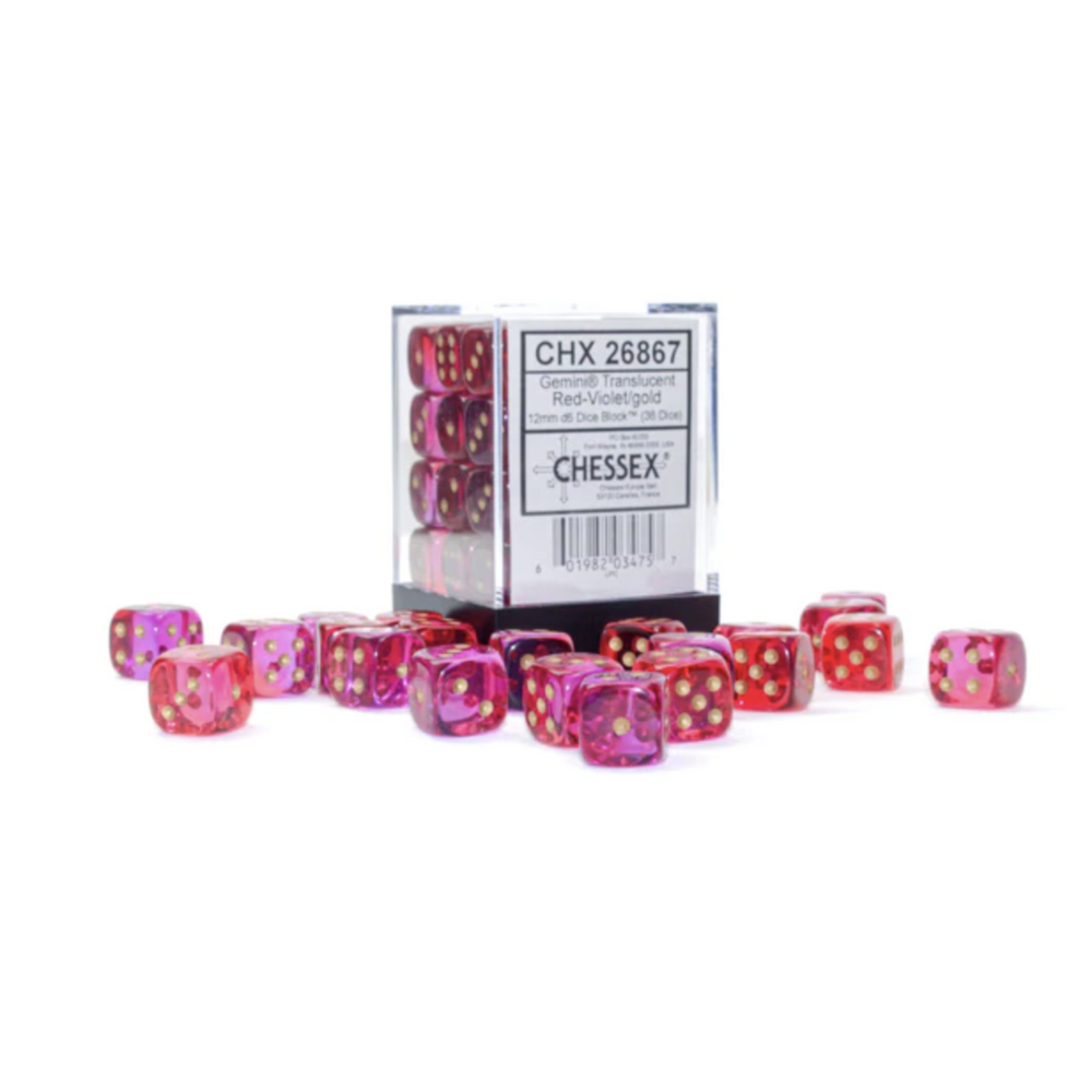 Gemini: 12mm d6 Translucent Red-Violet/gold Dice Block (36 dice)